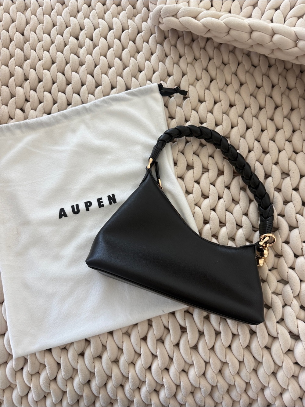 Aupen Black Braided-Handle Shoulder Bag with Gold Hardware